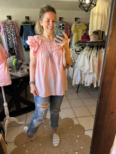 Pink Ruffle Sleeve Button Neck Top