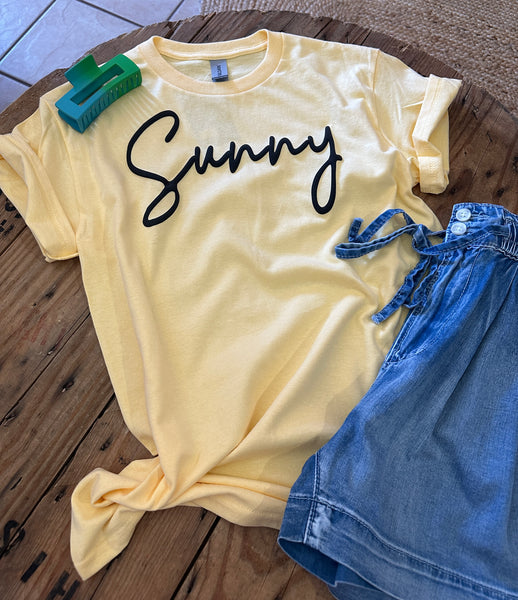 Yellow with Black ‘Sunny’ Puff Script Lettering Tee