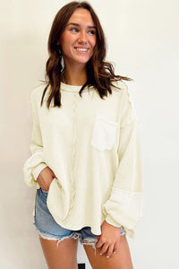 Cream Mixed Textures Long Sleeve Top with Exposed Seam Detailing