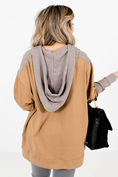 Tan and Taupe Waffle Knit Hooded Pullover