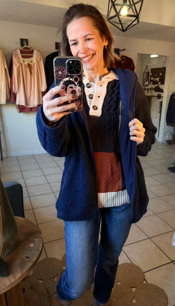 Navy Blue Zip Up Sherpa Hooded Jacket - Fully Lined