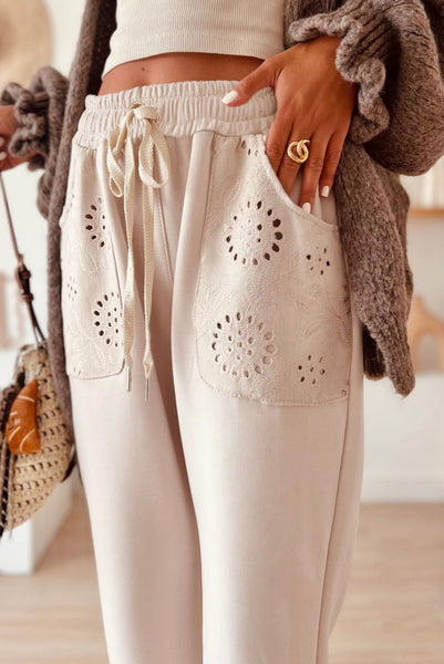 Beige Lounge Pants with Embroidered Pockets