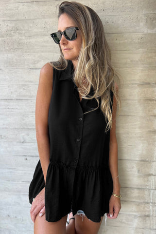 Black Collared Ruffle Hem Button Up Top