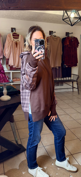 Chicory Coffee and Plaid Hooded Pullover with Side Slits and Thumbholes