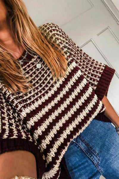 Red Dahlia Striped Colorblock 3/4 Draped Sleeve Relaxed Sweater