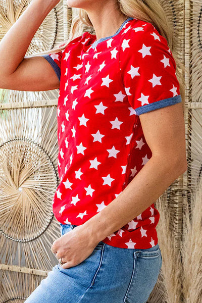 Red Short Sleeve Top with White Stars and Blue Contrast Trim
