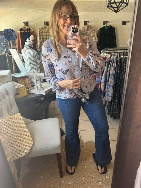 Gray Lace and Floral V-neck Knot Front Top