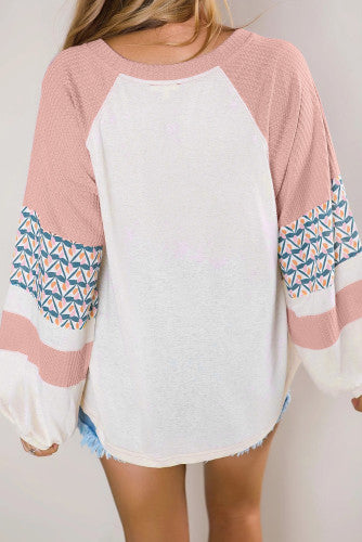 White Top with Geometric Waffle Knit Colorblock Lantern Sleeves