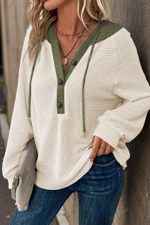 Creamy White and Olive Green Waffle Knit Contrast Hooded Top