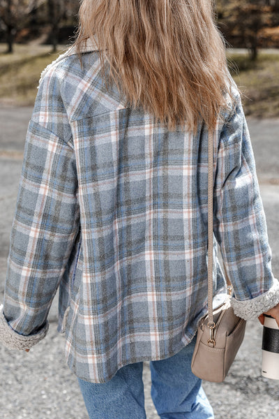 Light Blue Plaid Sherpa Lined Button Up Shacket
