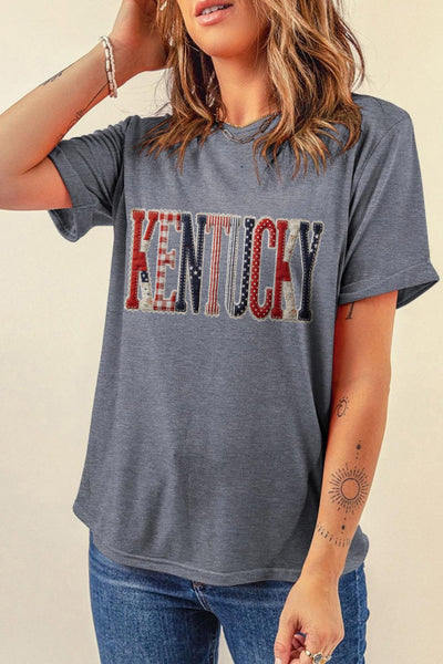 Heathered Gray Patchwork KENTUCKY Printed Tee - Patriotic - 4th of July - Memorial Day - Veteran's Day - USA