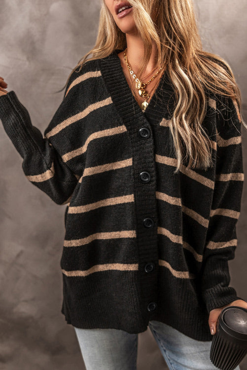 Black and Tan Striped Longer Length Cardigan