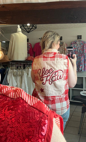 Red Plaid Sleeveless Collared Button Up Top with Sequin Embellishments - Can I Get a ‘Yee Haw’