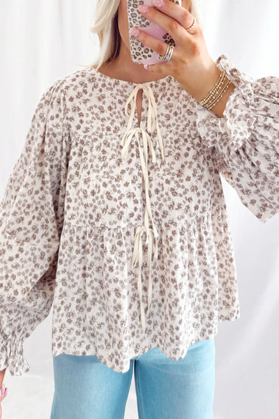 Brown and Cream Floral Flounce Sleeve Top with Bow Detailing