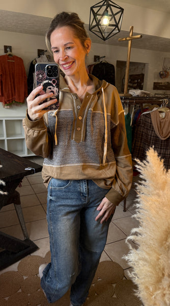 Mixed Material Green Hoodie Pullover - Colorblock