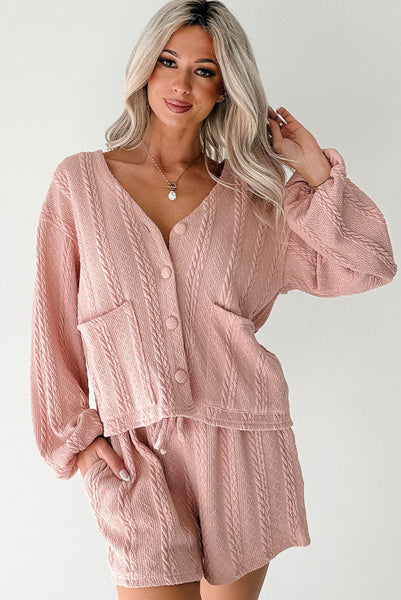 Pink Cable Knit Button Front Cardigan and Shorts Set