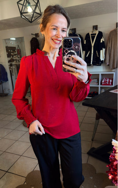 Burgundy Notched V-Neck Shirred Cuff Long Sleeve Top