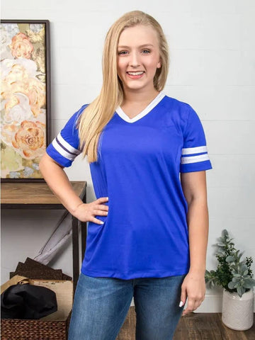 Curvy Blue and White Varsity Ringer Short Sleeve V-neck Tee