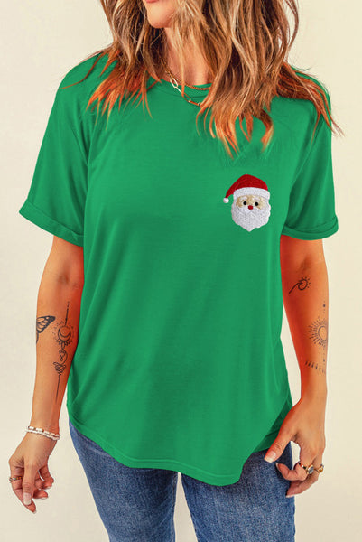 Green Tee with Embroidered Santa Pocket Design