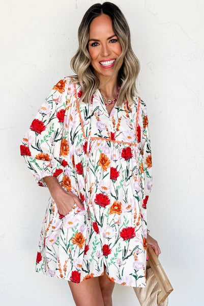 Floral 3/4 Puff Sleeve Dress with Ric Rac Trim