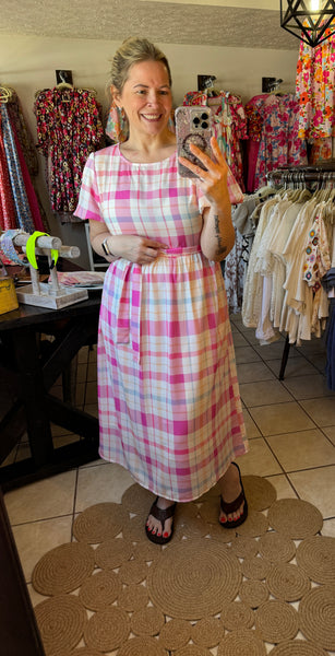 Pink Plaid Checkered Midi Belted Dress with Puff Sleeves