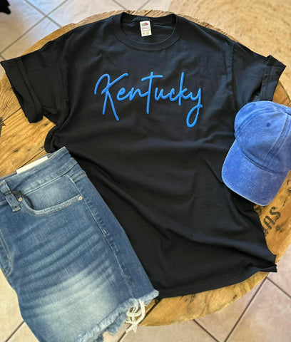 Kentucky Script Puff Lettering Tee - Black T-shirt- Royal Blue Puff Lettering