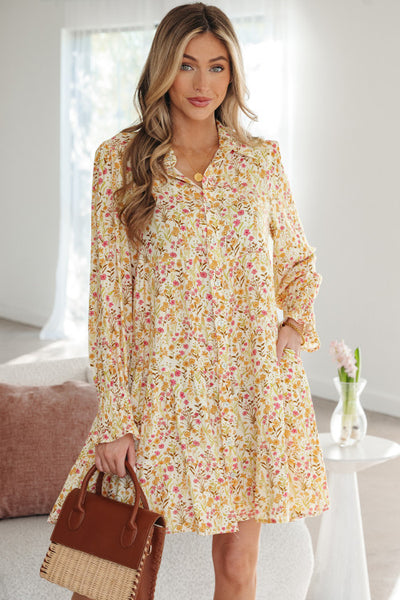 Yellow Floral Long Sleeve Collared Flowy Dress