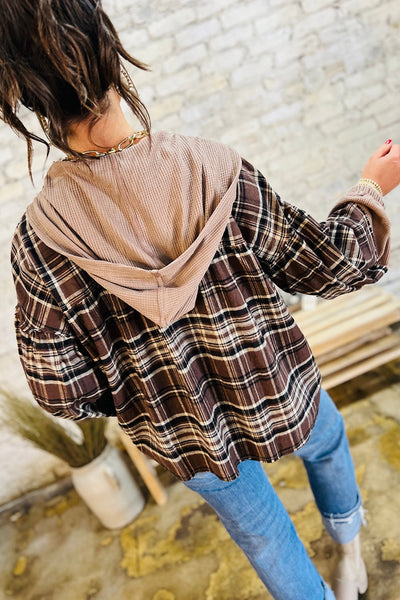 Brown Plaid Flannel Pullover with Contrasting Waffle Knit Hood