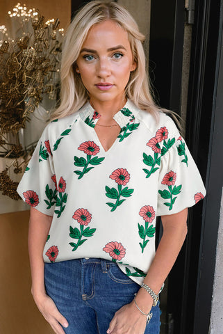 Floral Print Shirred Split Neck Puff Sleeve Top