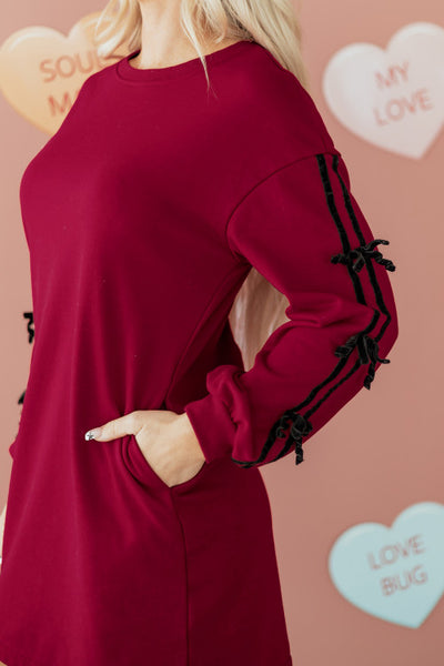 Holiday Red Sweatshirt Dress with Velvet Bow Sleeve Details