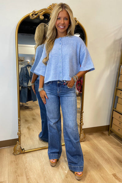 Light Blue Half Sleeve Button Up Sweater