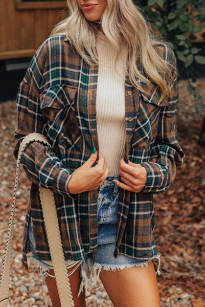 Brown and Green Plaid Button Up Flannel Top