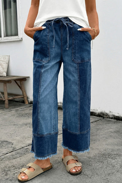 Dark Wash Drawstring Waist Raw Hem Wide Leg Denim Ankle Length Jeans