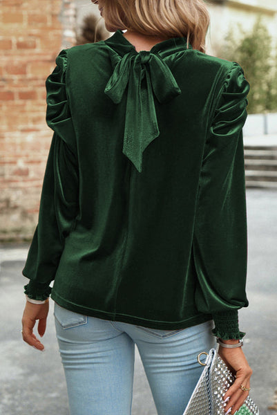 Green Velvet Long Sleeve Top with Keyhole Neckline and Tie Back