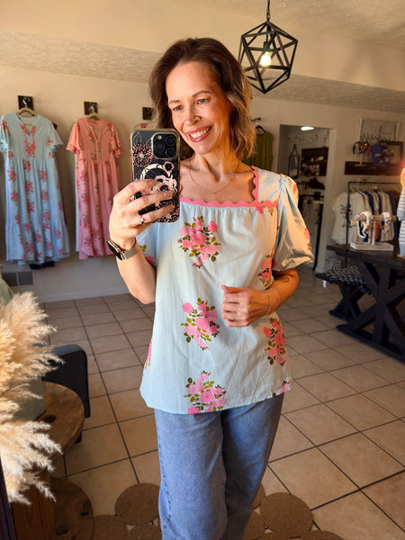 Sky Blue Floral and Ric Rac 3/4 Sleeve Top