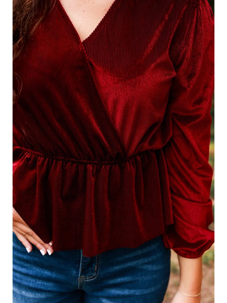 Deep Red Ribbed Velvet V-neck Peplum Top