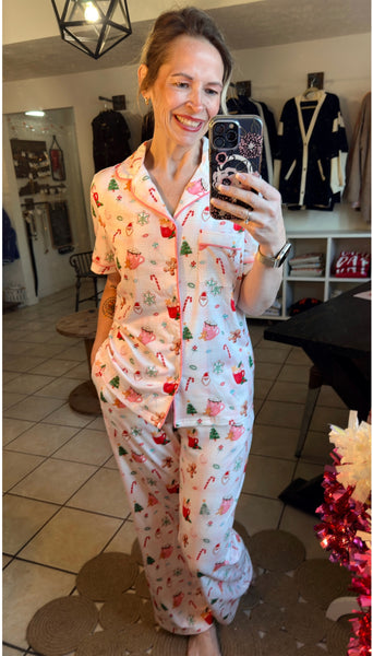 Christmas Spirit Print Short Sleeve Shirt and Pants Loungewear Set