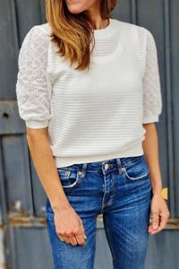White Waffle Textured Top with Eyelet Lace Puff Sleeve