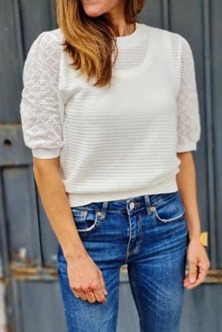 White Waffle Textured Top with Eyelet Lace Puff Sleeve