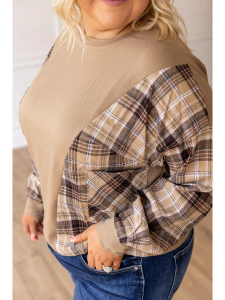 Brown Plaid Colorblock Pullover Top with Pockets