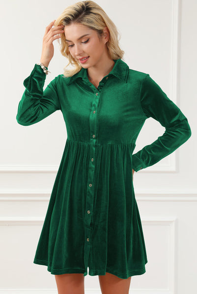 Green Long Sleeve Button Up Velvet Babydoll Dress