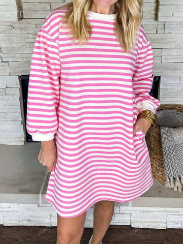 Pink and White Striped Puff Sleeve Dress with Pockets - Valentine Day