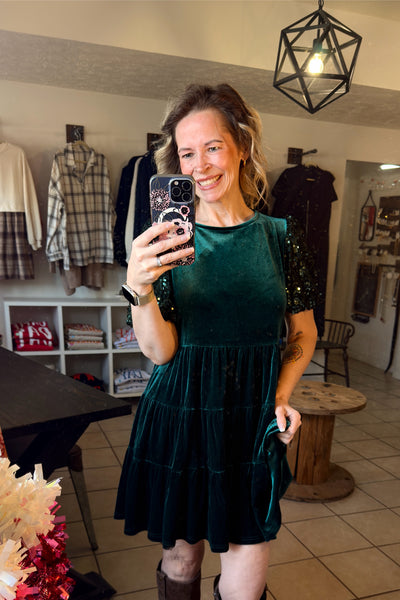 Evergreen Velvet Tiered Flowy Skirt with Sequined Puff Sleeves