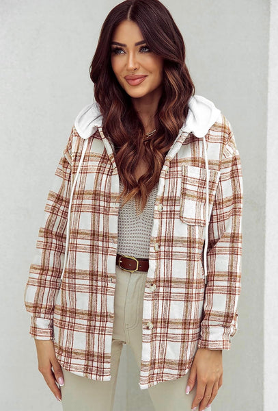 Sherpa Lined Rust and Brown Plaid Jacket with Hood and Functional Drawstring