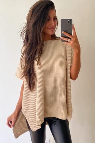 Lightweight Loose Fitting Beige Sweater with Side Slits - Khaki
