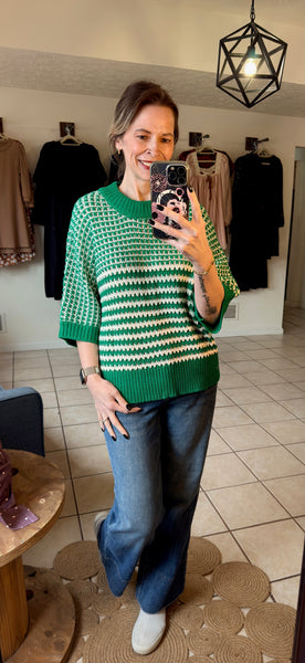 Green Striped Colorblock 3/4 Draped Sleeve Relaxed Sweater