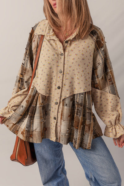 Oatmeal Boho Floral and Plaid Patchwork Distressed Detail Ruffled Sleeve Waffle Knit Shacket