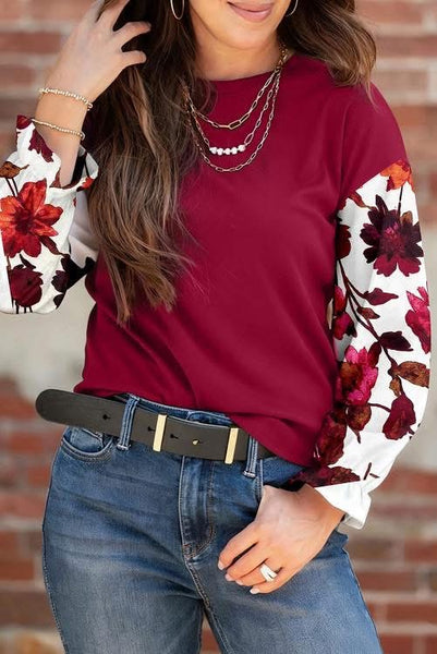 Red Dahlia Ribbed Long Sleeve Top with Floral Contrasting Sleeves