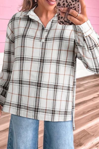 Plaid Long Sleeve Split V-neck Pullover Top with Side Slits