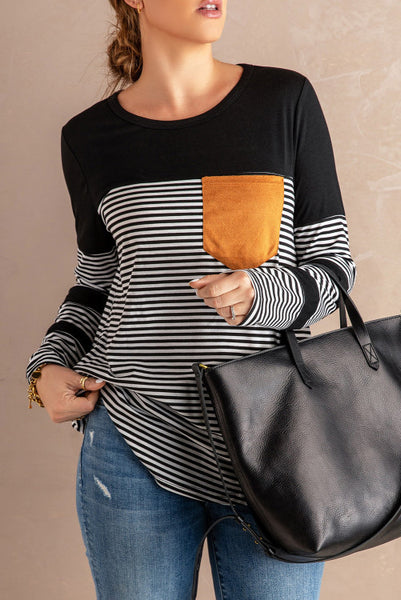 Black Striped Color Block Long Sleeve Top with Pocket